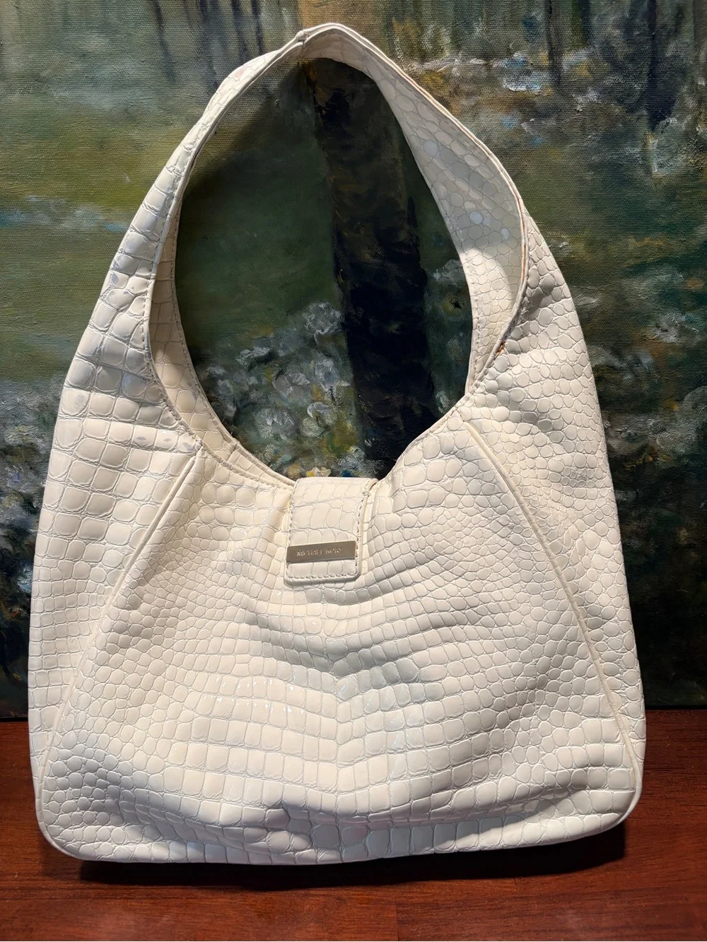 Michael Kors Cream Croc-Embossed Hobo with Gold Buckle
